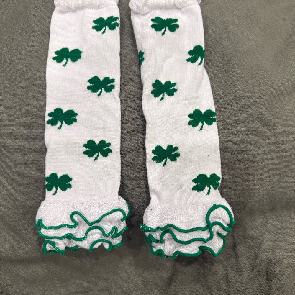 White Knee-High Socks with Green Shamrock Pattern